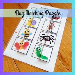 Bug Matching Puzzle, Montessori Printable, Busy Book, Homeschool Worksheet, Toddler Preschool Kindergarten Activity, Digital Download PDF
