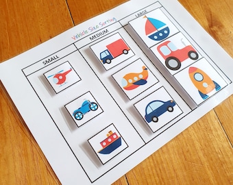 Vehicle Size Sorting Printable, Busy Book Page, Homeschool, Early Learning, Matching, Toddler, Preschool and Kindergarten Activity