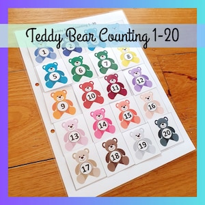 Teddy Bear Counting Printable, Busy Book, Numbers 1-20, Montessori Worksheet, Toddler Preschool Kindergarten Activity, Digital Download PDF