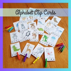 Cartões com clipes do alfabeto, Montessori para impressão, reconhecimento de letras, alfabetização, atividade de jardim de infância pré-escolar em casa, download digital de PDF