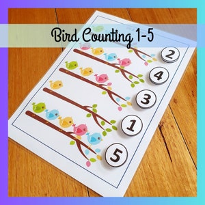 Bird Counting 1-5 Printable, Busy Book, Numbers Maths Homeschool Worksheet, Toddler Preschool Kindergarten Activity, Digital Download PDF