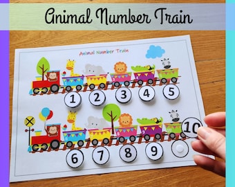 May include: A colorful printable learning tool for kids featuring a train with animal characters and number circles. The train has 10 cars, each with a different animal and number. The numbers 1 through 10 are on the circles. The text "Animal Number Train" is at the top of the page.