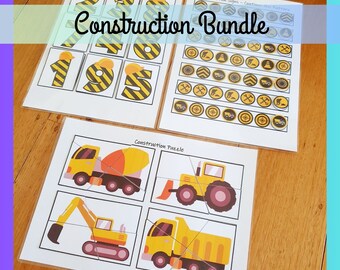 Könnte beinhalten: Ein Lernpaket zum Thema Bauen. Es enthält Zählkarten mit den Zahlen 1-5, Mustererkennungskarten mit Bauschildern und ein Baupuzzle mit Fahrzeugen. Der Text "Construction Bundle" wird angezeigt.
