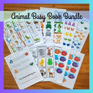 May include: A set of printable animal-themed busy book pages for children. The pages include activities such as matching colours, matching letters, and counting. The pages are printed on white paper and have colourful illustrations.