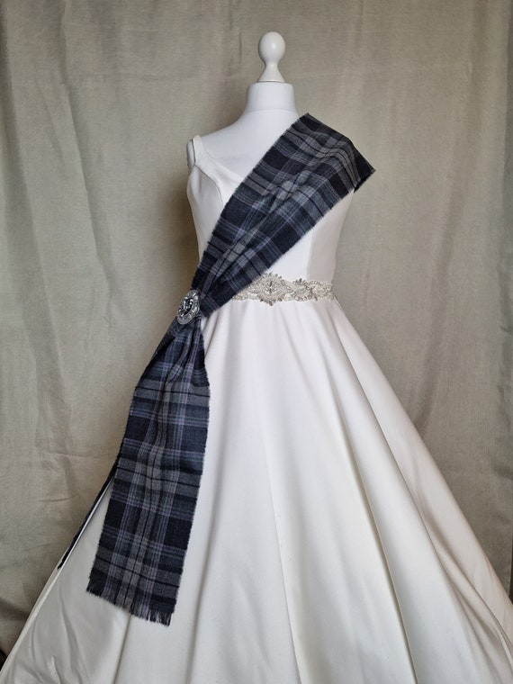 grey sash for dress Grey and Lilac 100% Pure Wool Tartan/plaid Self Fringed Sash 240cmx20cm