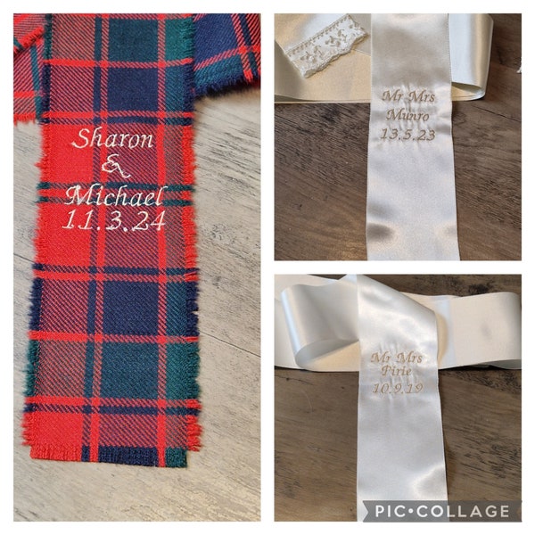 Customised Tartan/Plaid or Satin Handfasting Ribbon made to order with or without  personalised embroidery 140cmx7cm
