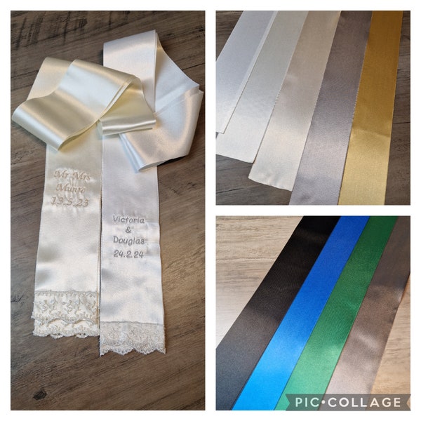 Made to order personalised Bridal Satin Handfasting Ribbons made to order with or without  personalised embroidery 140cmx7cm