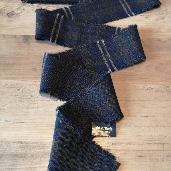 Navy Arrochar Check 100% Pure Wool Tartan/Plaid Self Fringed Handfasting Ribbon 140cmx7cm