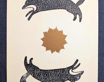 Original Lino-print: Foxes
