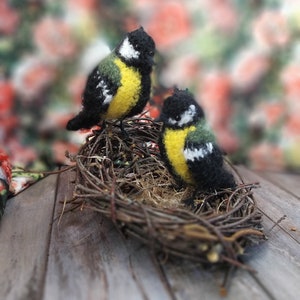 May include: Two small black and yellow birds with white accents are perched in a woven twig nest. The nest is on a wooden surface.