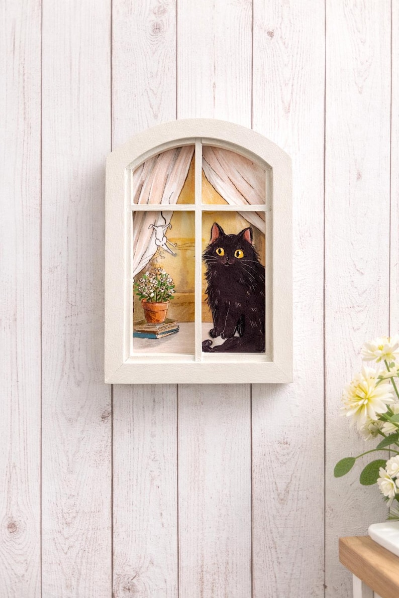 Miniature Cat Window Decor, Handmade Cat Lover Gift, Cozy Home Accent ...