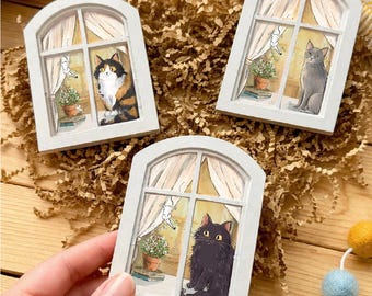Miniature Cat Window Decor, Handmade Cat Lover Gift, Cozy Home Accent