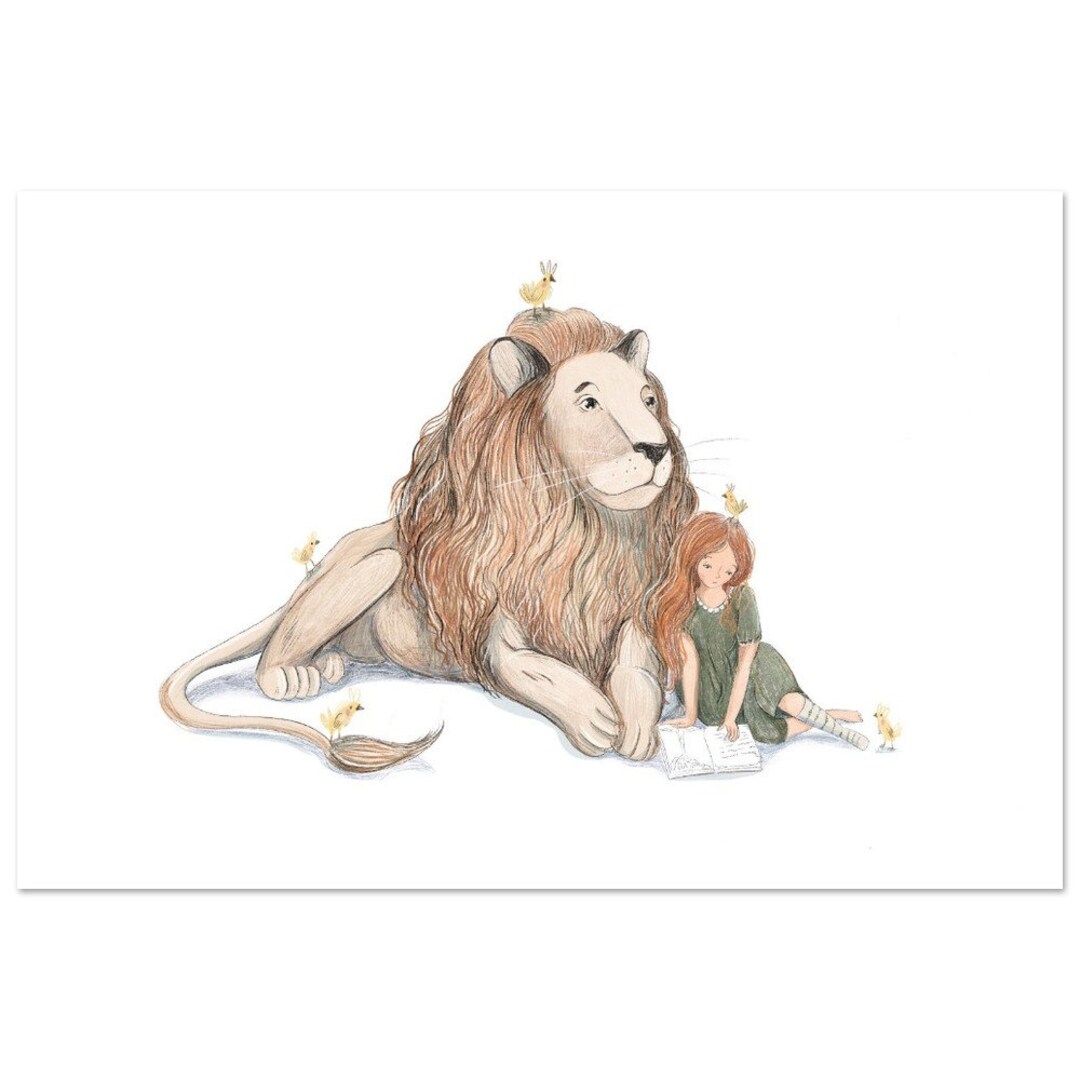 Sweet Girl and Lion Art Print Cute Kids' Room Decor Reading Nook Decor ...