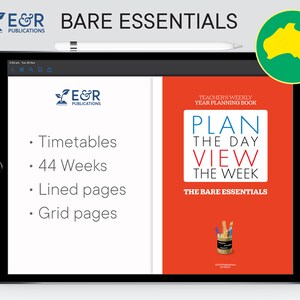 May include: A red and white teacher's weekly year planning book with the text "Plan the Day View the Week" and "The Bare Essentials". The book cover features a pencil holder with colorful pencils and a green outline of Australia.