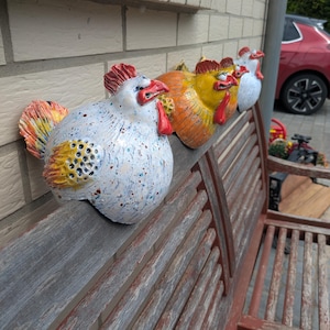 colorful/white chicken as a fence perch
