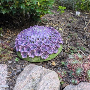 Peut inclure: Une sculpture de jardin en céramique en forme de dôme avec une base verte texturée et un groupe de fleurs violettes recouvrant le sommet. La surface violette est perforée de petits trous circulaires entre les pétales floraux sculptés.