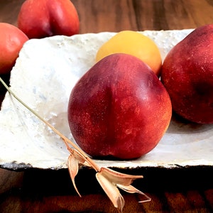 Może przedstawiać: Biała ceramiczna miska z czterema brzoskwiniami. Dwie brzoskwinie są czerwono-ż&oacute;łte, a dwie są czerwone. Brzoskwinie są ułożone w p&oacute;łkole.