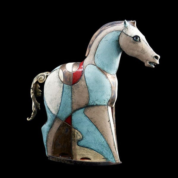 Statue Ceramic Horse with Antique Brass Details