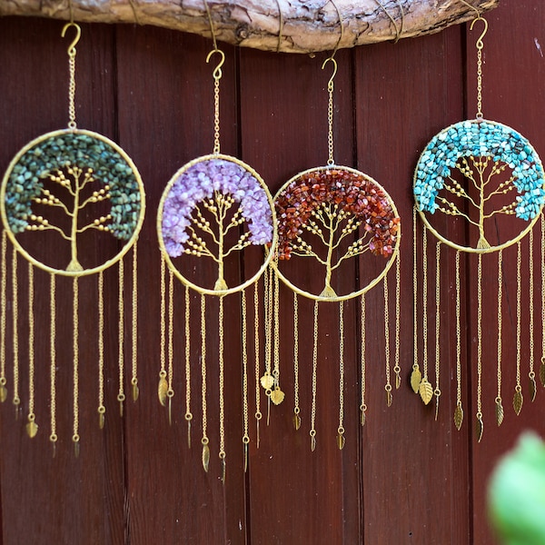 Atrapasueños con piedras preciosas, atrapasol, árbol de la vida, colgante de pared PIEDRAS SANADORAS SO2