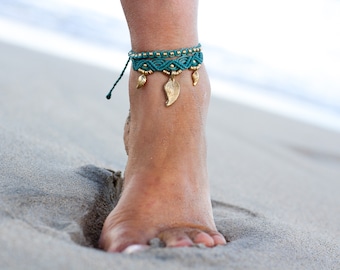 Macrame Anklet: Boho Style Waxed Polyester Foot Chain with Brass Charms F09