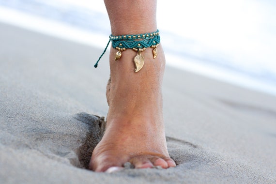 Macrame Anklet: Boho Style Waxed Polyester Foot Chain with Brass Charms F09