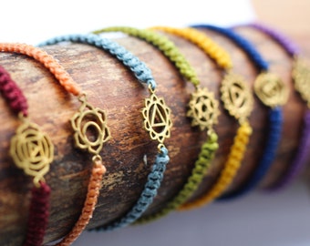 Macrame Chakra Bracelet: Waxed Polyester Cord with Brass Symbol A04
