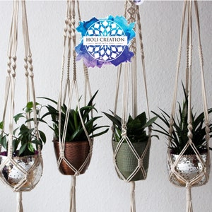 Makramee Blumenampel, Robust, Macrame Pflanzenaufhänger, BOHO Deko Planthanger naturfarben, Ampel Lang B01