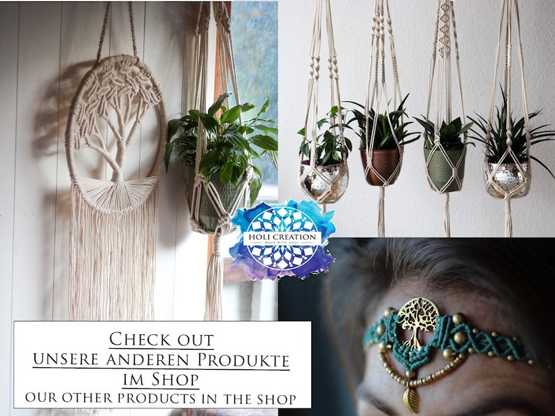 May include: A macrame wall hanging with a tree of life design. The hanging is made of natural colored cord and has a fringe at the bottom. The image also shows a macrame plant hanger with a green plant in a brown pot. The text "CHECK OUT UNSERE ANDEREN PRODUKTE IM SHOP OUR OTHER PRODUCTS IN THE SHOP" is at the bottom of the image.