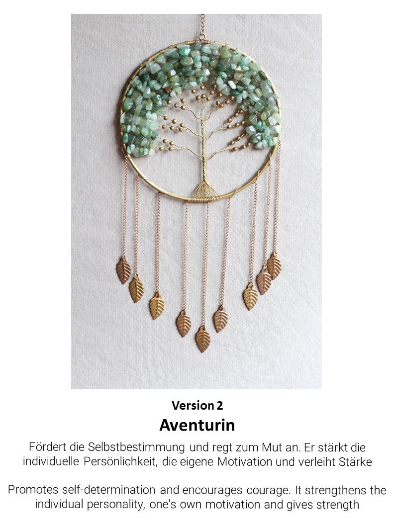 May include: A green aventurine crystal dreamcatcher with a wire tree design and gold leaf accents. The dreamcatcher is hanging from a chain with gold leaves at the bottom. The text "Version 2 Aventurin" is below the dreamcatcher.