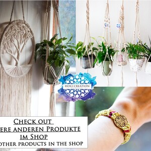 May include: A collection of macrame plant hangers with green plants hanging from them. The hangers are made of natural cotton rope and have a bohemian style. The image also includes a macrame wall hanging in the shape of a tree and a bracelet with a mandala charm.