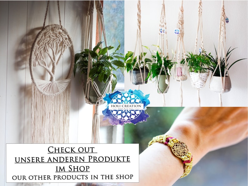 May include: A collection of macrame plant hangers with green plants hanging from them. The hangers are made of natural cotton rope and have a bohemian style. The image also includes a macrame wall hanging in the shape of a tree and a bracelet with a mandala charm.