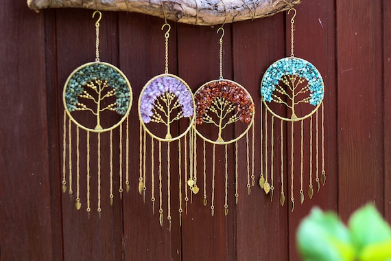 Traumfänger mit echten Edelsteinen, Sonnenfänger, Baum des Lebens, Wandbehang HEILSTEINE S02