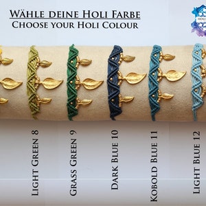 May include: Six colorful bracelets with gold leaf charms. The bracelets are arranged in a row from left to right: yellow, light green, grass green, dark blue, kobold blue, and light blue. The text "CHOOSE YOUR HOLI COLOUR" is written above the bracelets.
