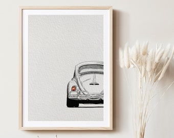 Volkswagen Beetle Digital Drawing Print, Vertical Digital Download, VW Bug Oldtimer Art, Vehicle Printable, Car Home Decor, Hand Drawn