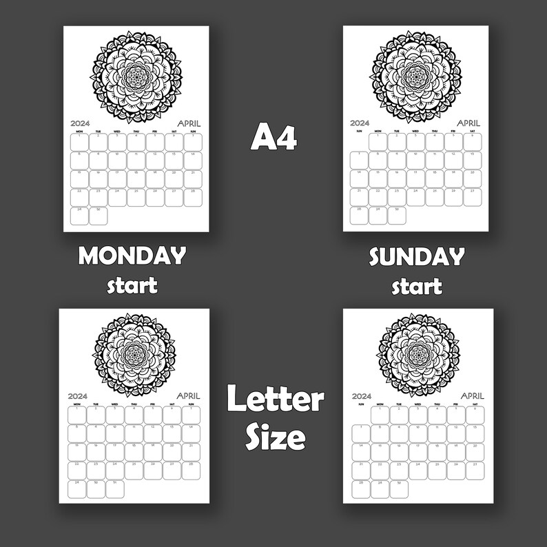 2024 Coloring Mandala Monthly Calendar, Printable A4 and Letter Size, Boxes for Notes, Monday ...