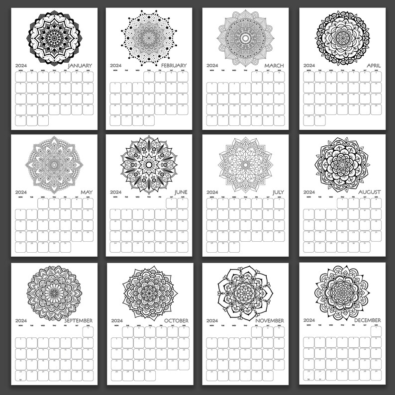 2024 Coloring Mandala Monthly Calendar, Printable A4 and Letter Size, Boxes for Notes, Monday ...