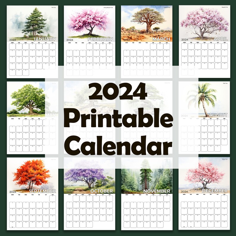 2024 Trees Calendar, Printable A4 and Letter Size, Boxes for Notes