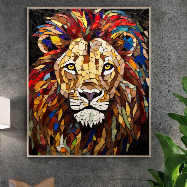 Lion Stained Glass Mosaic Portrait Print, Interior Decoration, Animal Print, Wall Decor Art, Digital Download, Printable, AI Generated Art