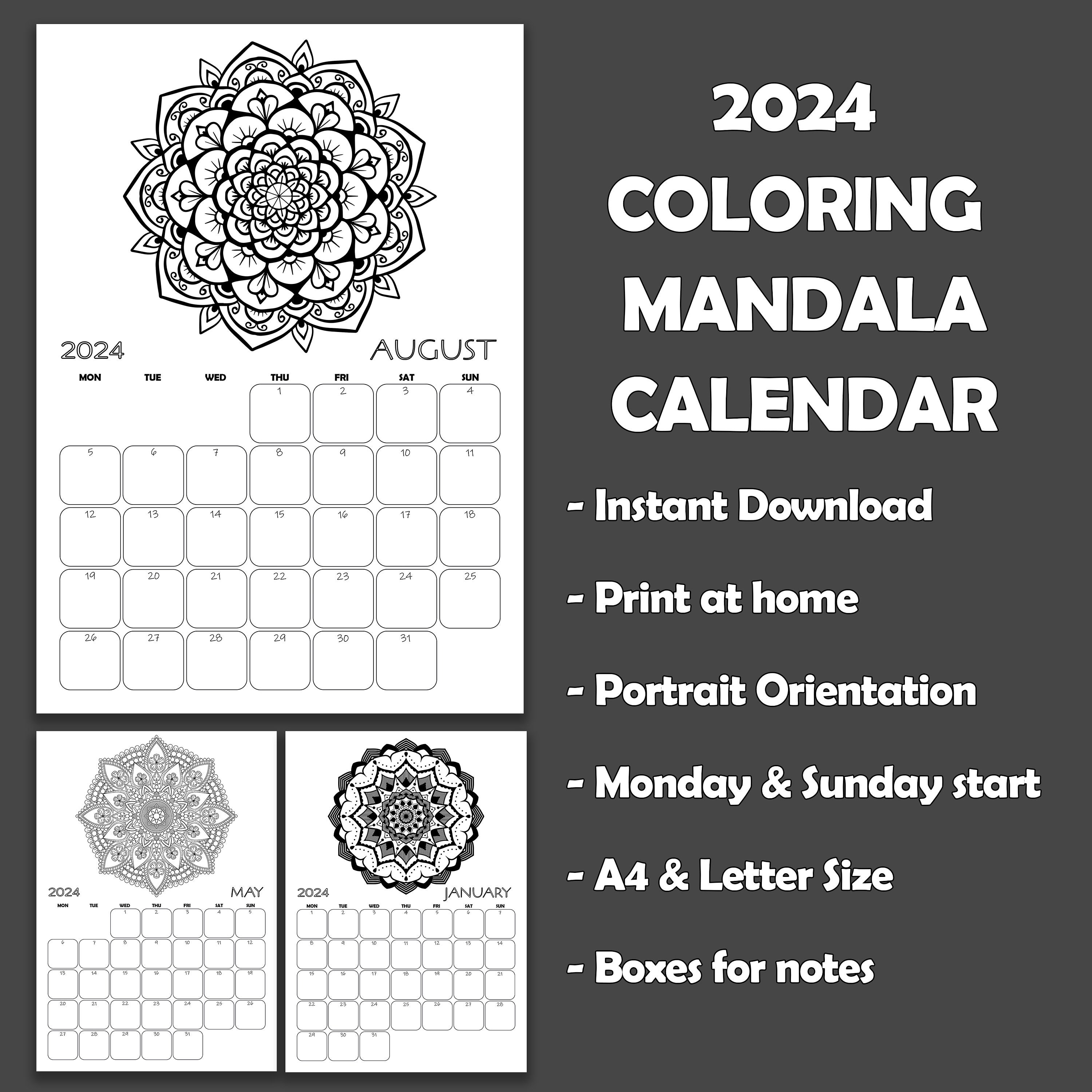 2024 Coloring Mandala Monthly Calendar, Printable A4 and Letter Size
