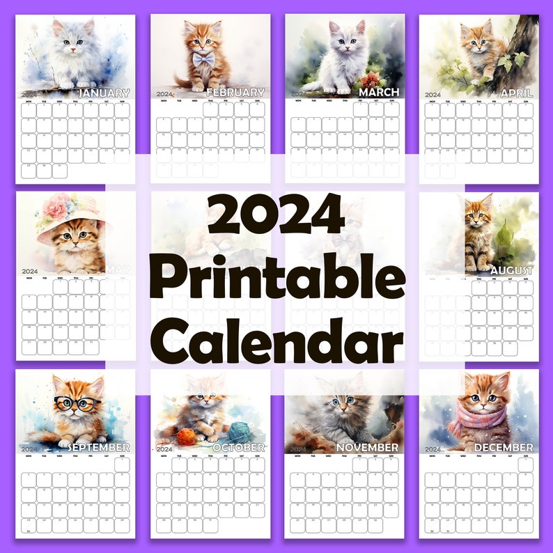 2024 Cats Calendar, Printable A4 and Letter Size, Boxes for Notes