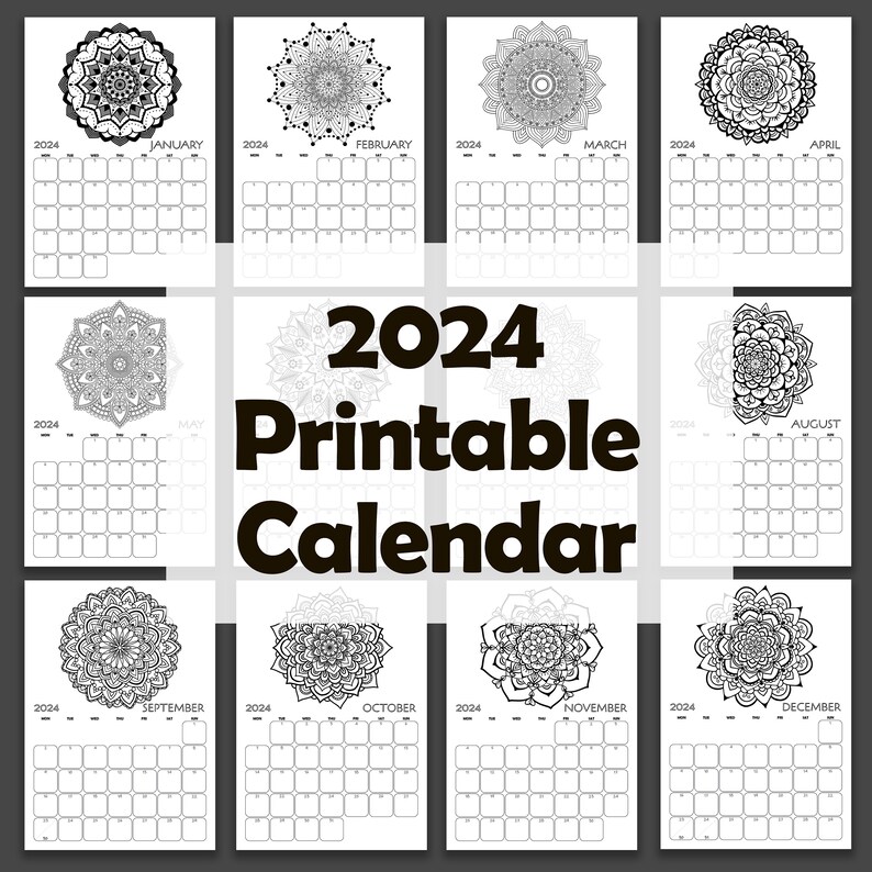 2024 Coloring Mandala Monthly Calendar, Printable A4 and Letter Size, Boxes for Notes, Monday ...