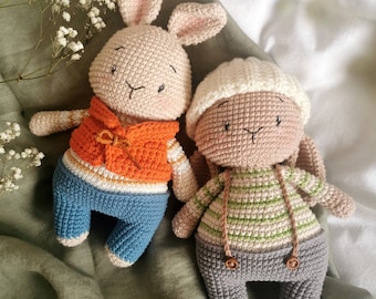 Crochet instructions ENG & DEU Leopold rabbit, with vest and prick ears, floppy ears and hat *PDF* Amigurumi