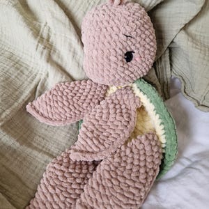 May include: A crocheted plush turtle toy with a pink body, green shell, and yellow accents. The turtle has a sweet expression with black eyes and pink cheeks.