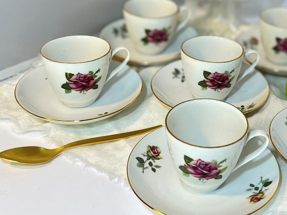 Service Coffee Cups Vintage Rosebuds Bohemia Czechoslovakia 1960