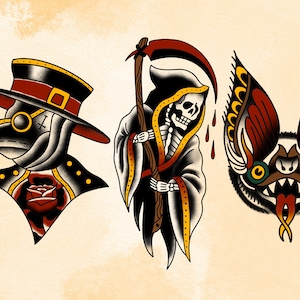 American traditional inspired tattoo flash sheet. (Plague Doctor/ Grim reaper/ Bat)