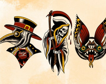 American traditional inspired tattoo flash sheet. (Plague Doctor/ Grim reaper/ Bat)