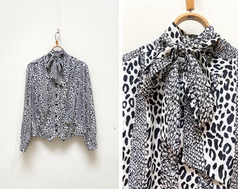 Vintage 90s Animal Print Blouse Black And White Patterned Blouse Long Sleeve Blouse Bow Tie Blouse Blouse With Bow Leopard Blouse Bow L XL
