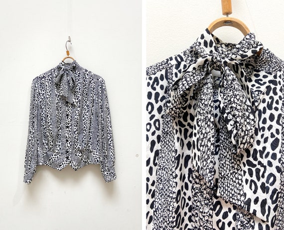 Black Leopard Ribbon Tie Print Blouse Black Leopard Ribbon Tie Print Blouse