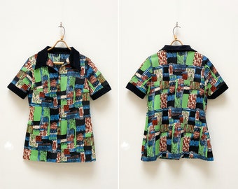 Vintage 80s Abstract Green Blouse: Short Sleeve Button-Up Top