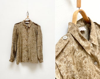 Vintage 80s Floral Print Blouse: Romantic Brown Lightweight Top (M/L)